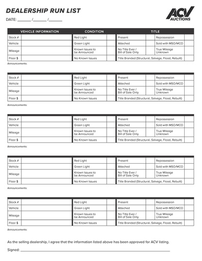 Dealership Run List Pad